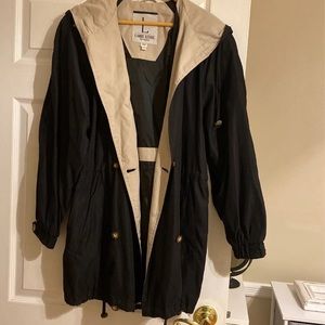 Black Larry Levine hooded rain jacket.